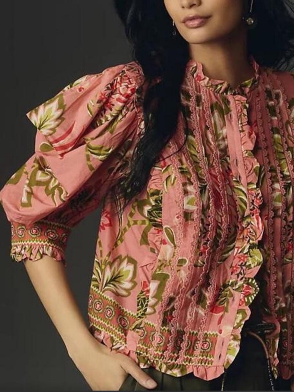 FARM Rio Aura Floral Ruffle Button-Front Blouse with Puff Sleeves - Picture 5 of 6